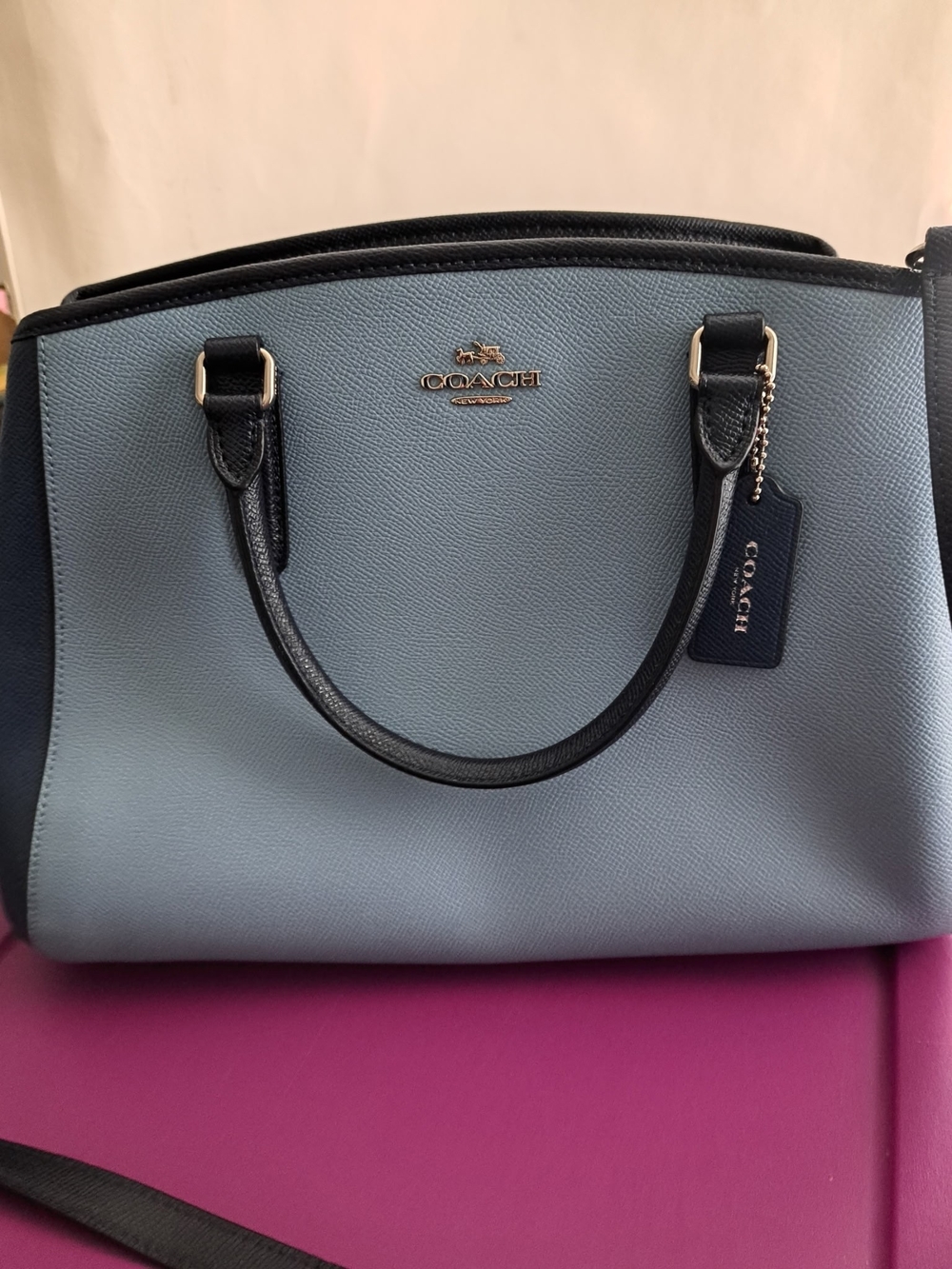Coach Margot Carryall Light Blue and Black Leather Satchel with Tag